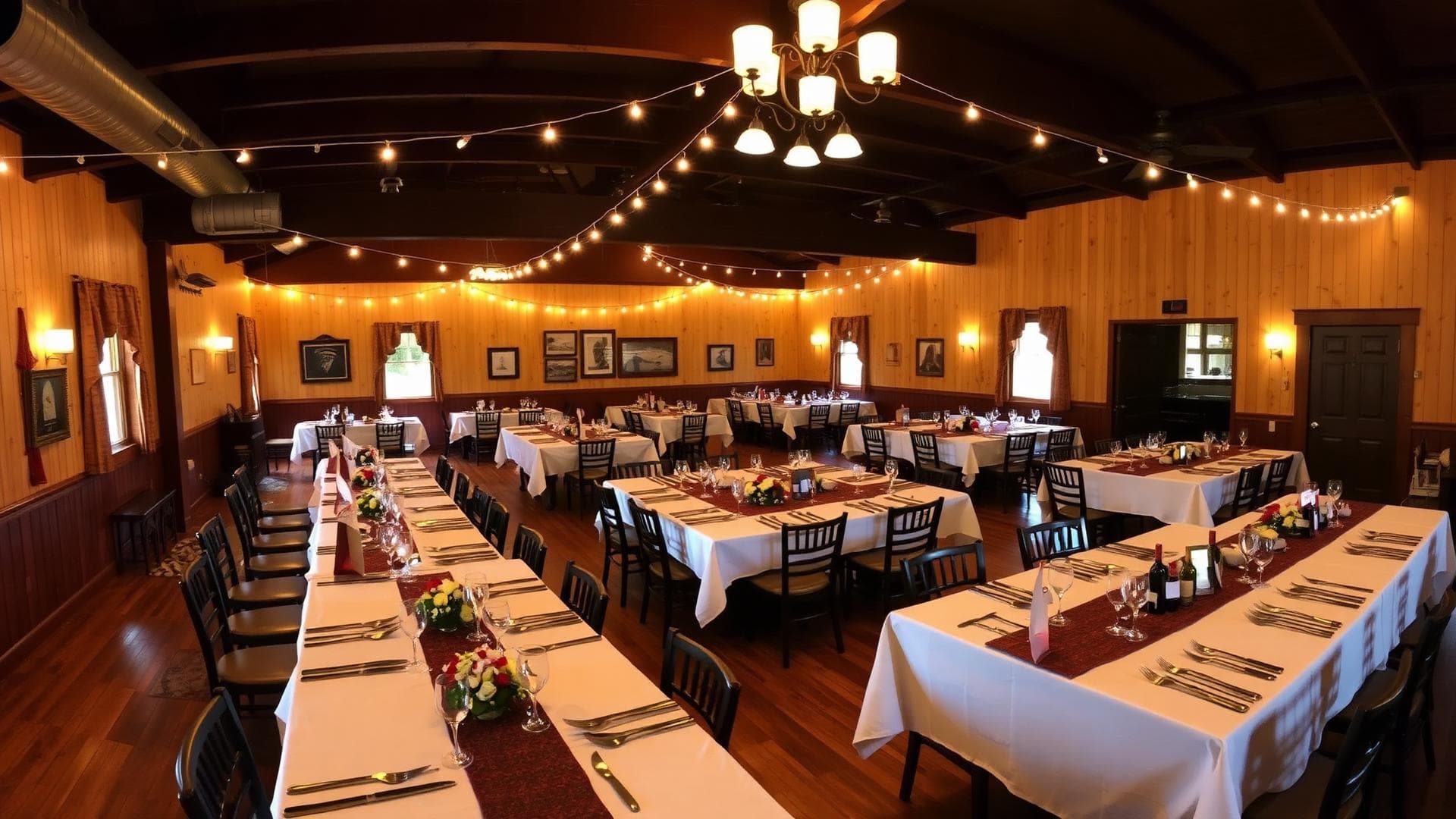 The banquet room set with long tables and warm lighting for a private celebration