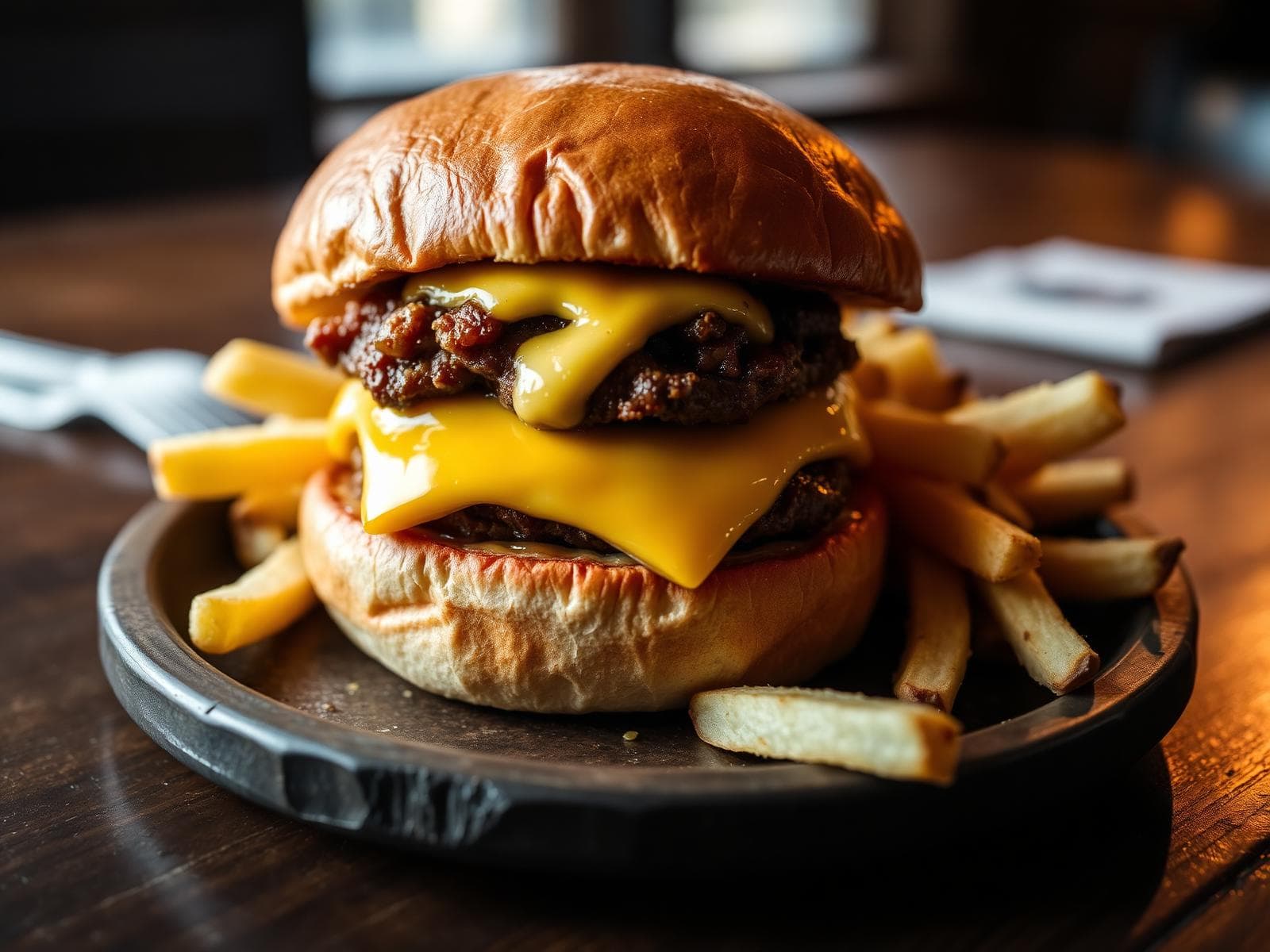 A cheeseburger with fries on a dark plate