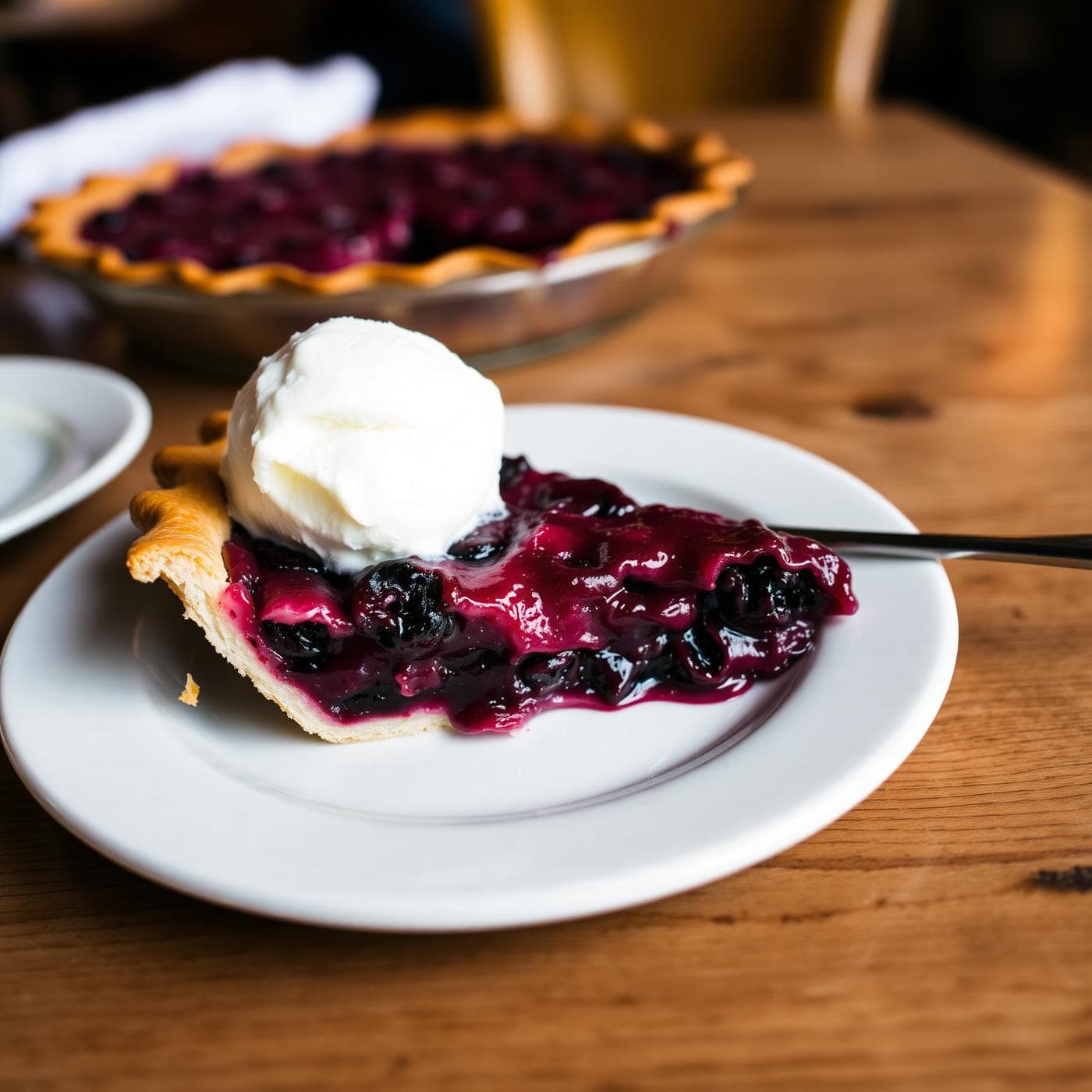 A slice of berry pie with vanilla ice cream