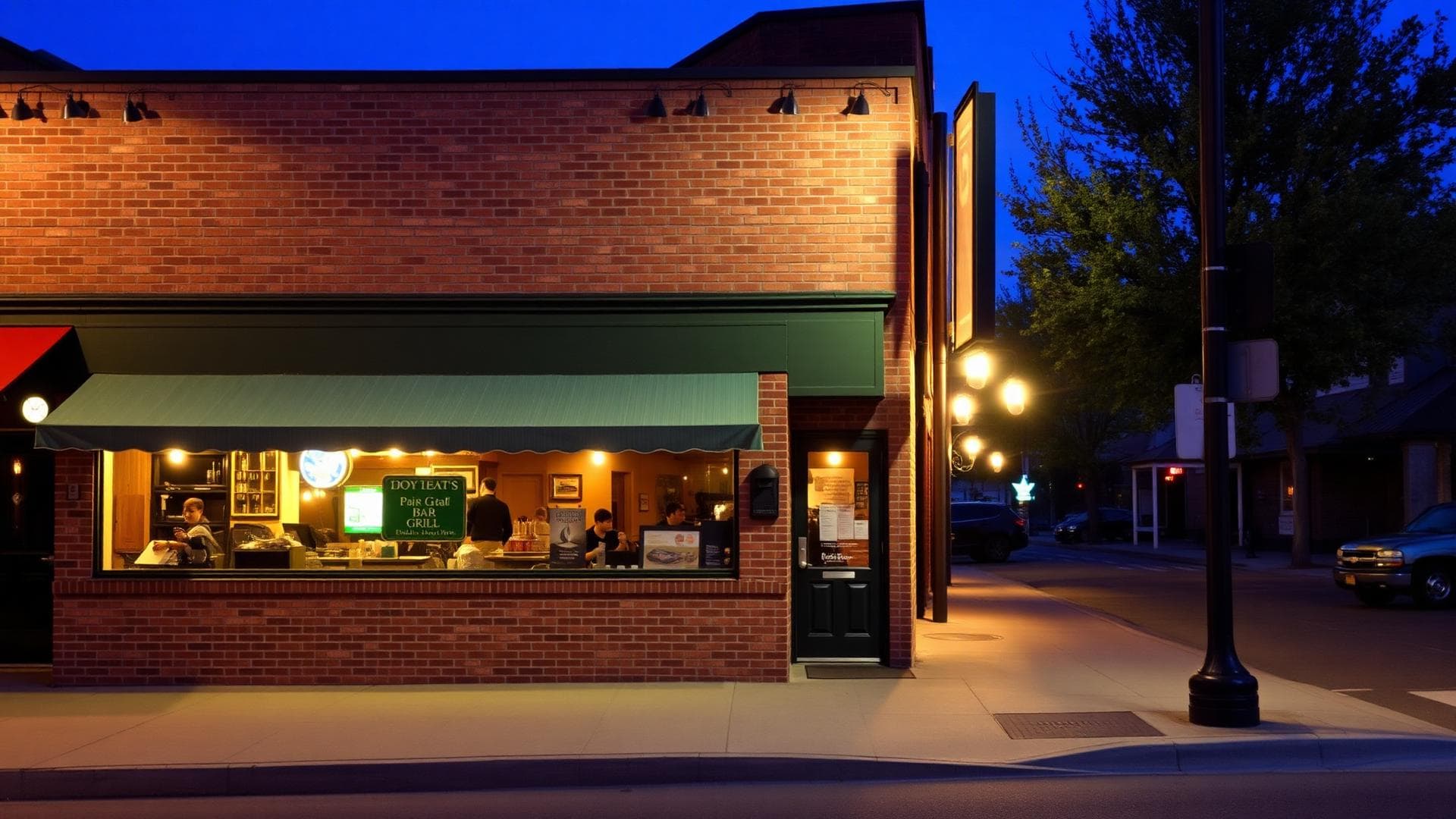 The First Street Bar & Grill storefront at dusk