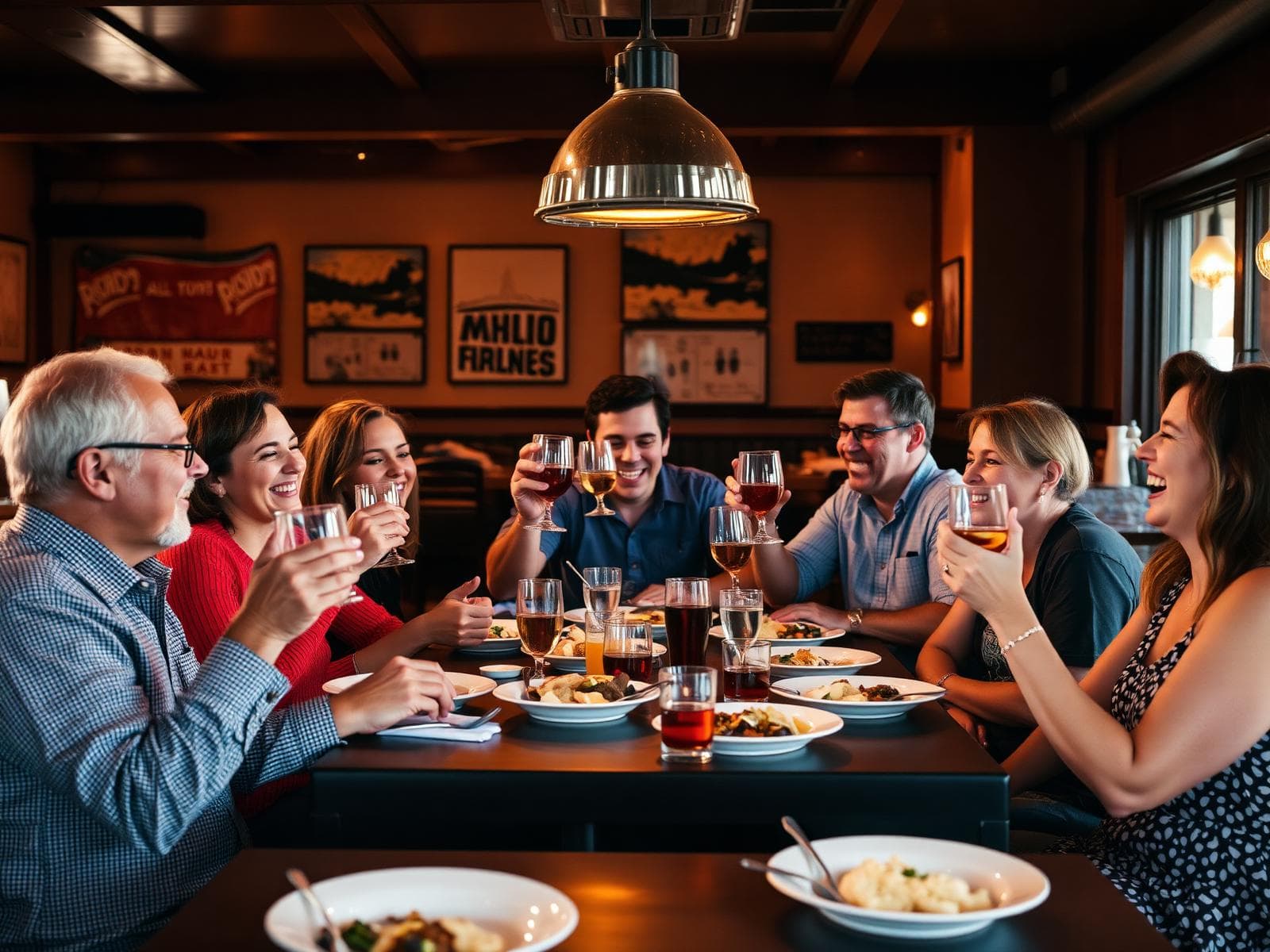 A group of friends laughing around a table with plates and glasses