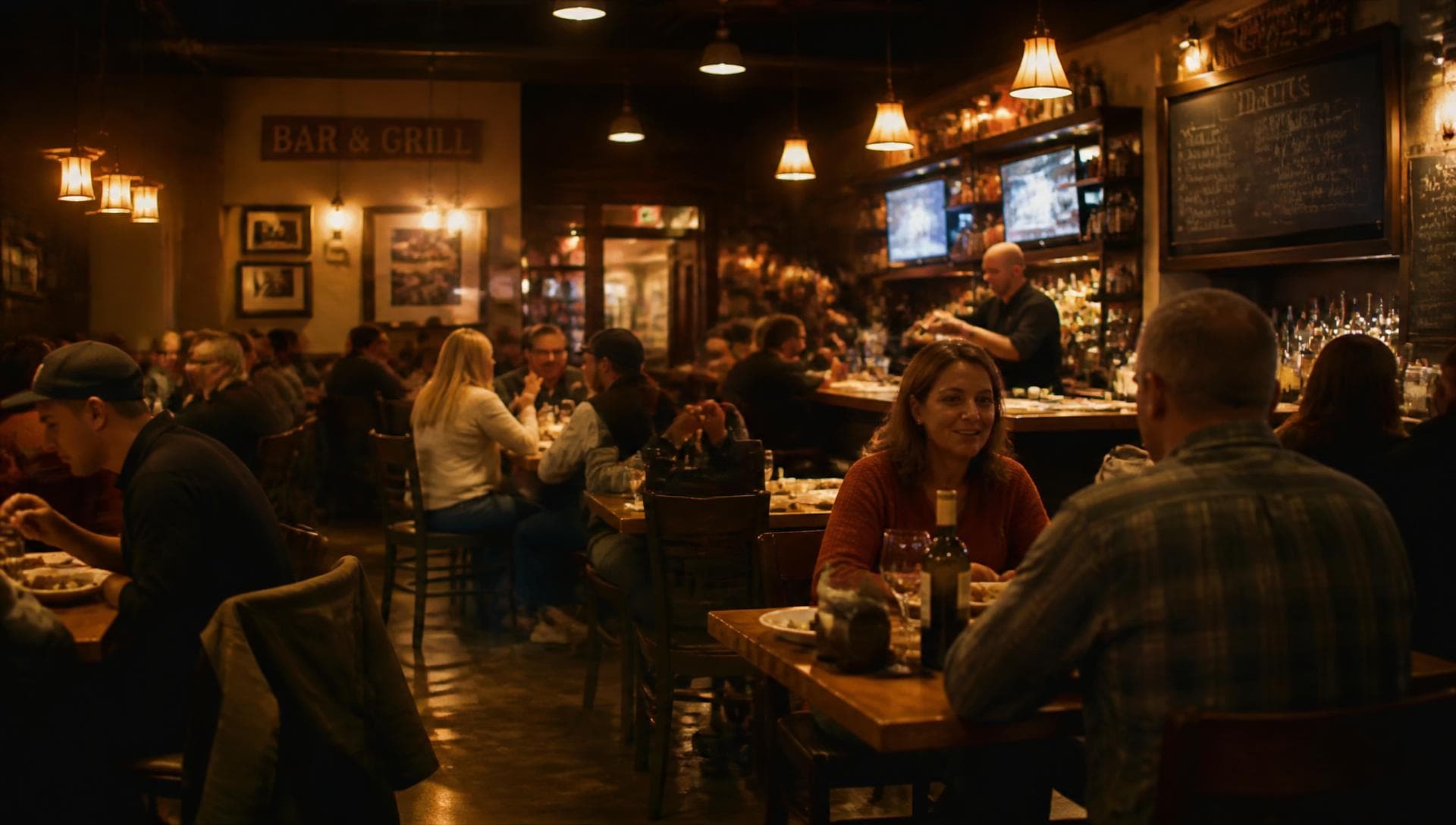 The dining room at First Street Bar & Grill during a busy dinner service