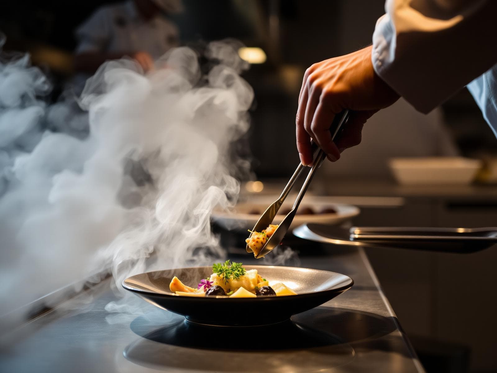 A cook plating a dish on the kitchen pass
