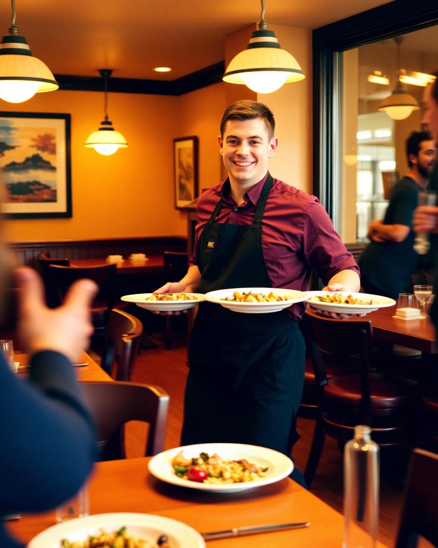 A server carrying three plates to a table